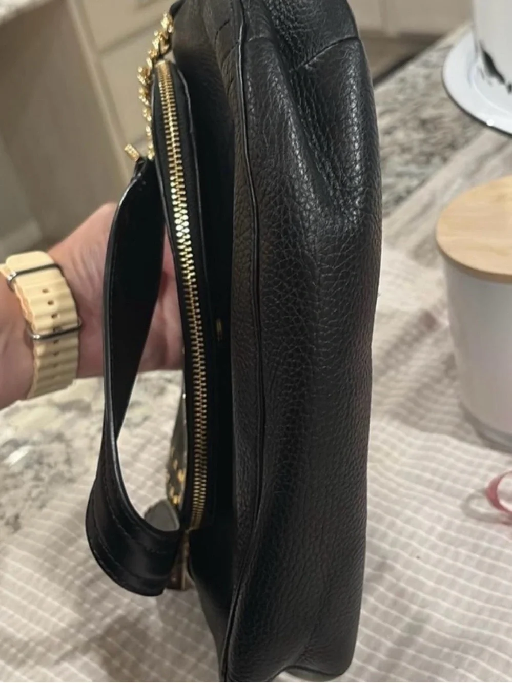 Michael Kors Aria Black Leather Studded Shoulder Bag with Gold Hardware